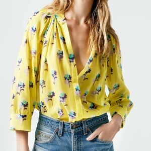 NWOT SMYTHE Gathered Blouse – Lemon Floral / Sky Floral, 100% Cotton